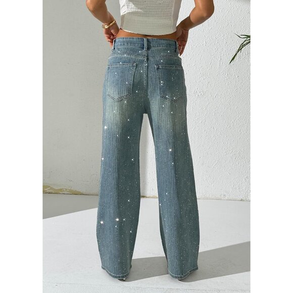 Women's Glitter Rhinestone Wide Leg Denim Pants High Waist Streetwear - Picture 4 of 5